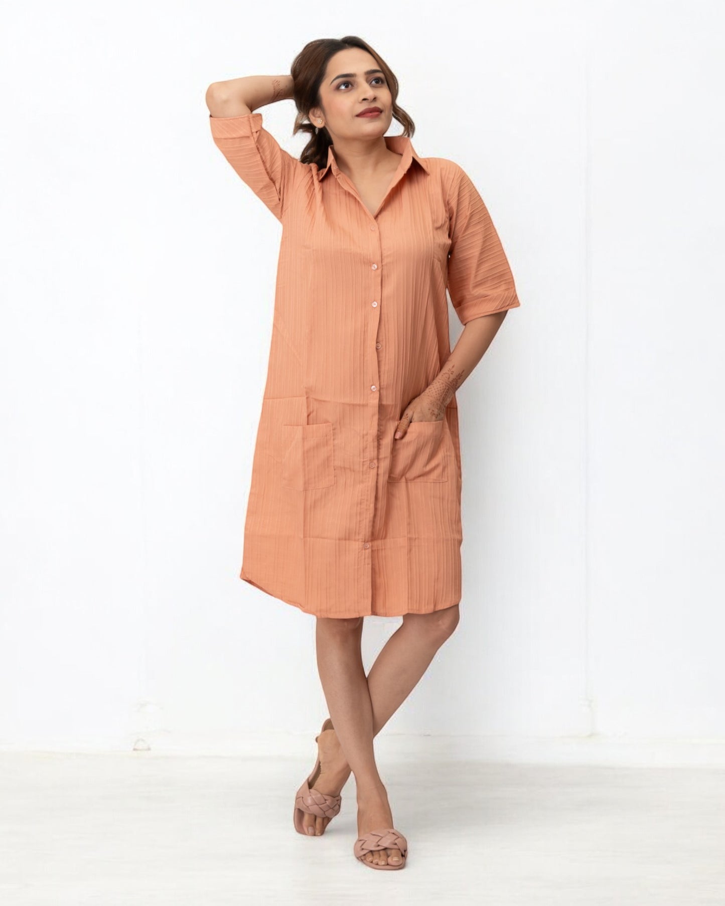 Orange Plain Solid Polyester Midi Shirt Dress