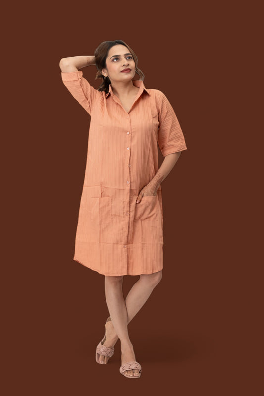 Orange Plain Solid Polyester Midi Shirt Dress