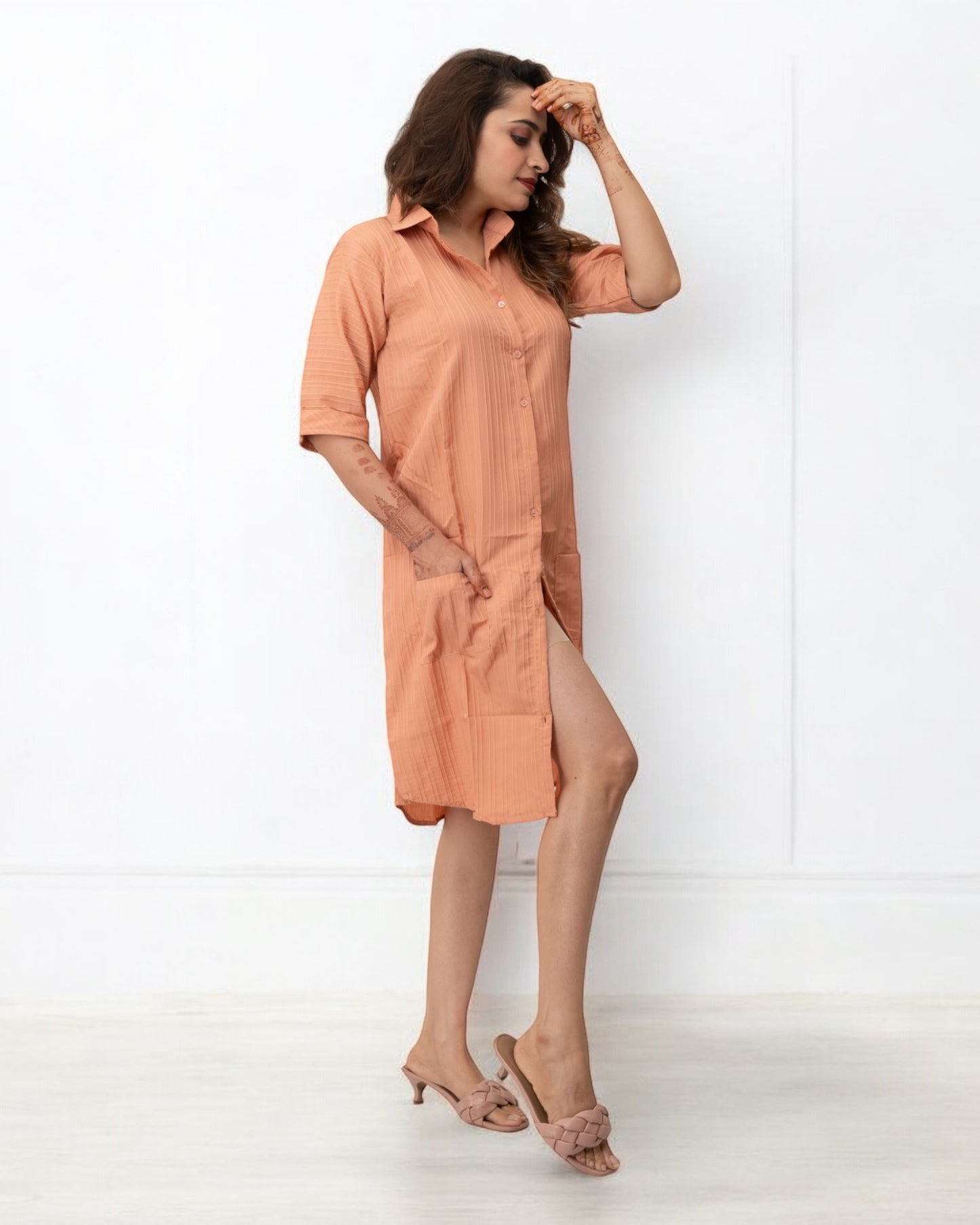 Orange Plain Solid Polyester Midi Shirt Dress