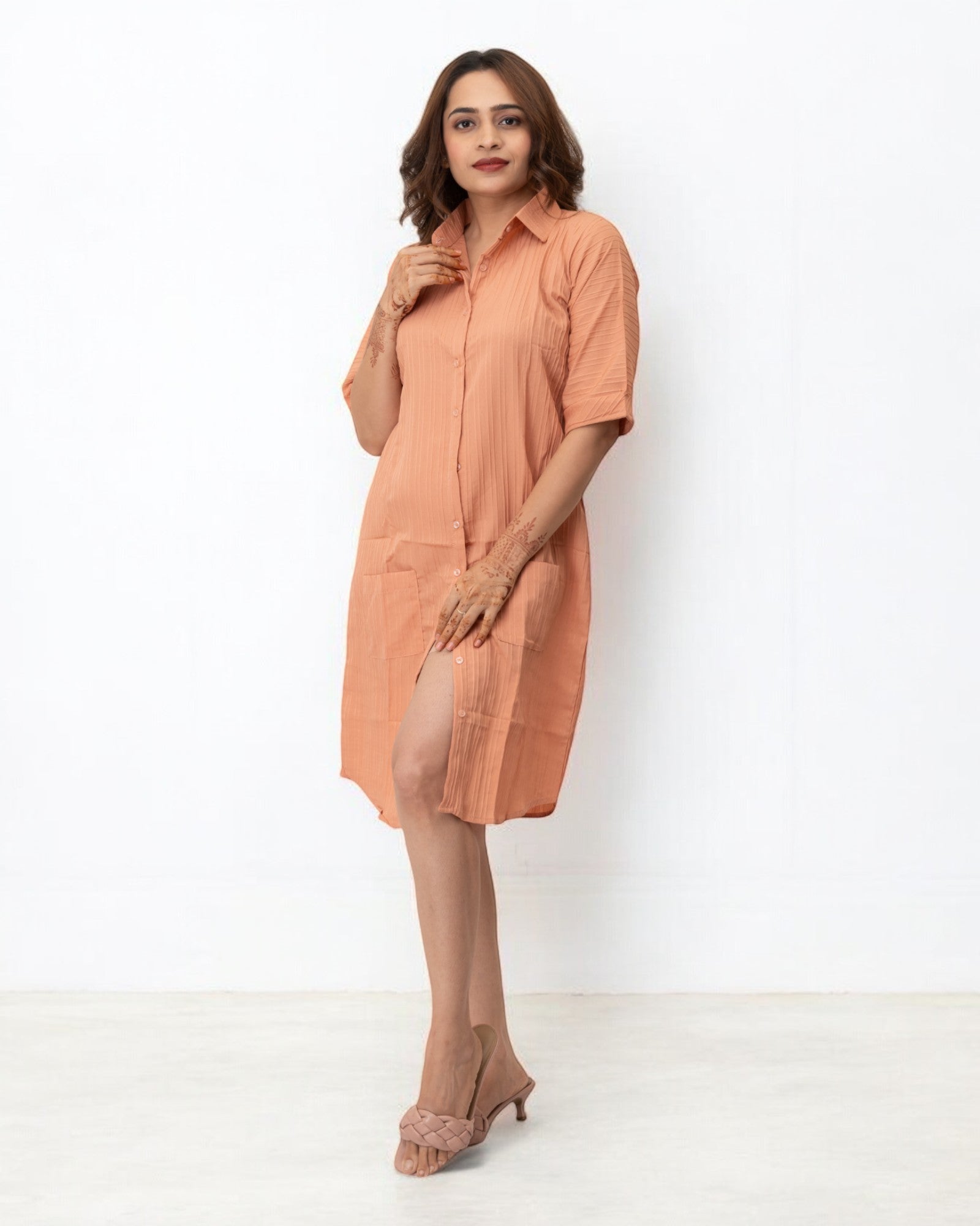 Orange Plain Solid Polyester Midi Shirt Dress