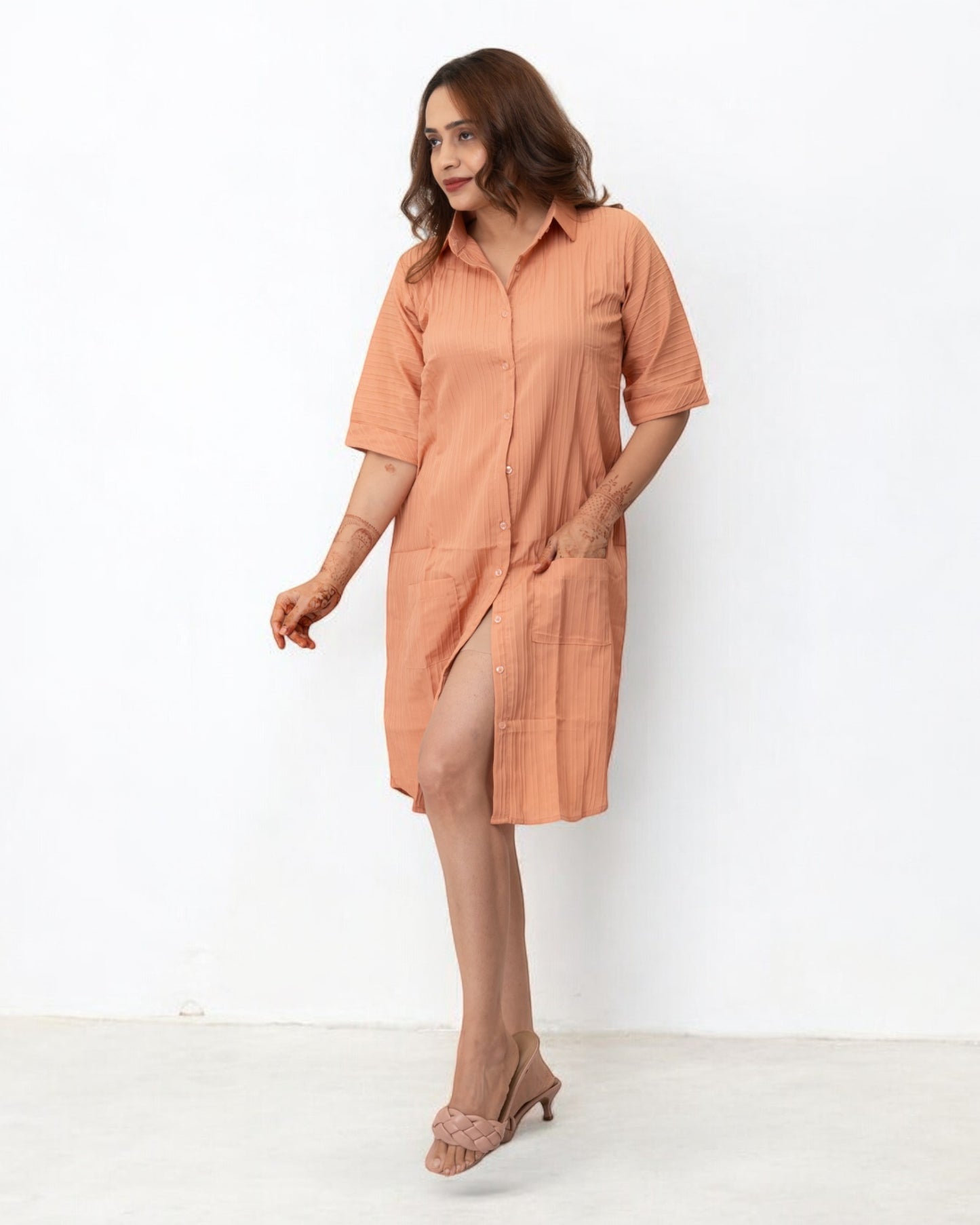 Orange Plain Solid Polyester Midi Shirt Dress