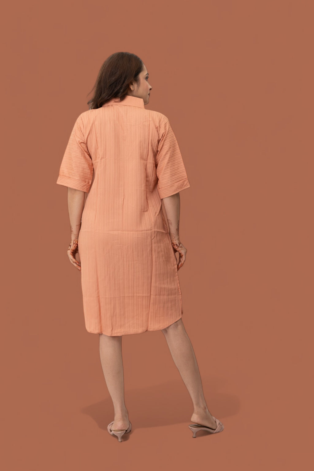 Orange Plain Solid Polyester Midi Shirt Dress