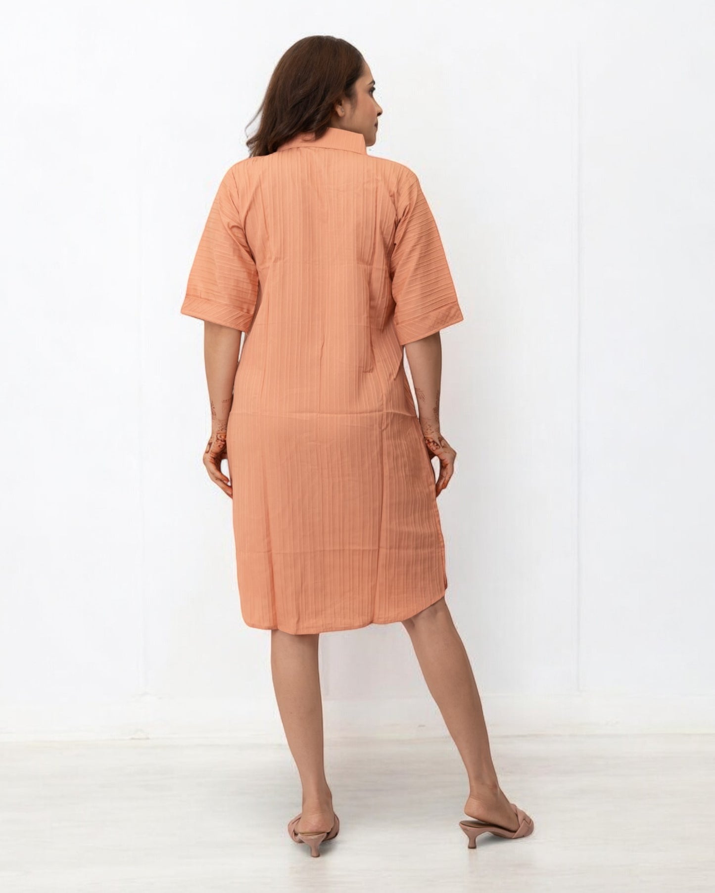 Orange Plain Solid Polyester Midi Shirt Dress