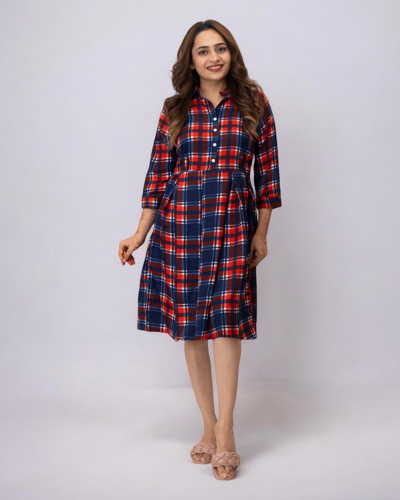 Red Checks Printed Polyester Midi Dress