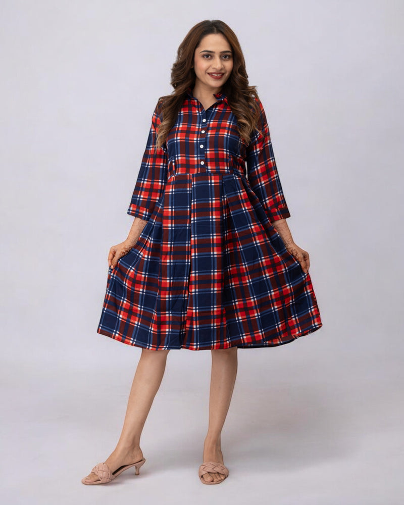 Red Checks Printed Polyester Midi Dress
