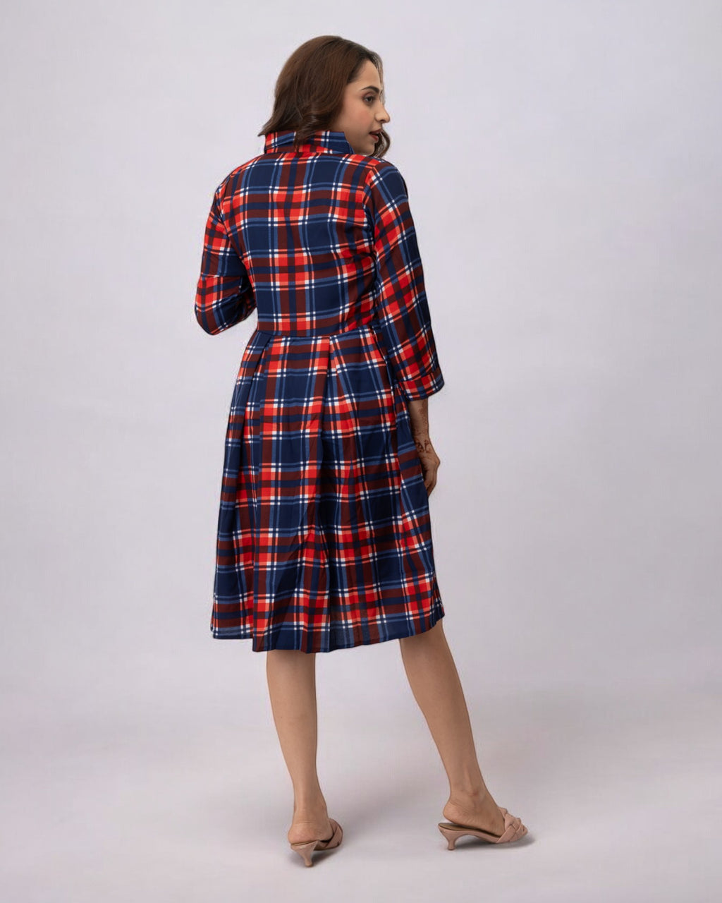 Red Checks Printed Polyester Midi Dress