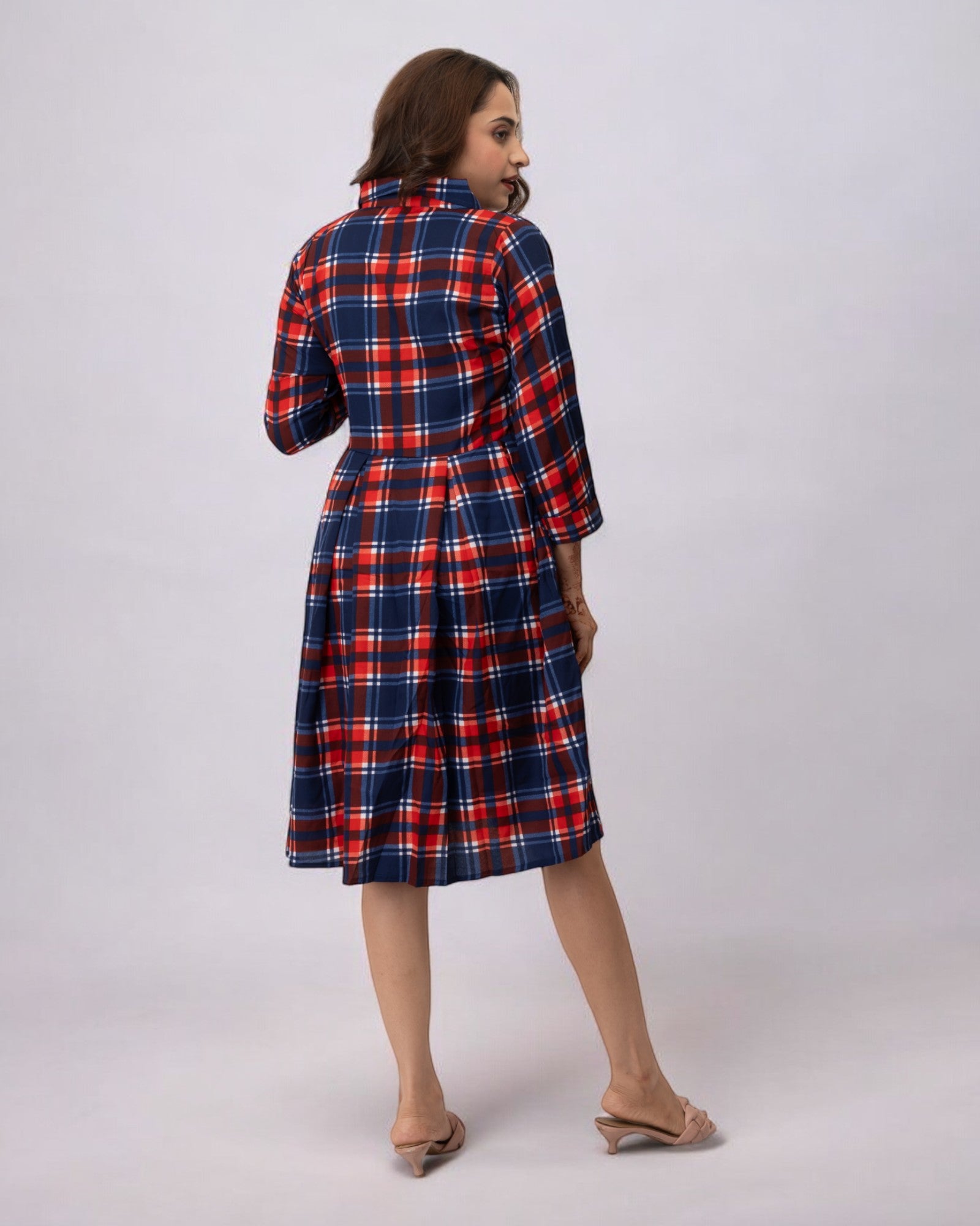 Red Checks Printed Polyester Midi Dress