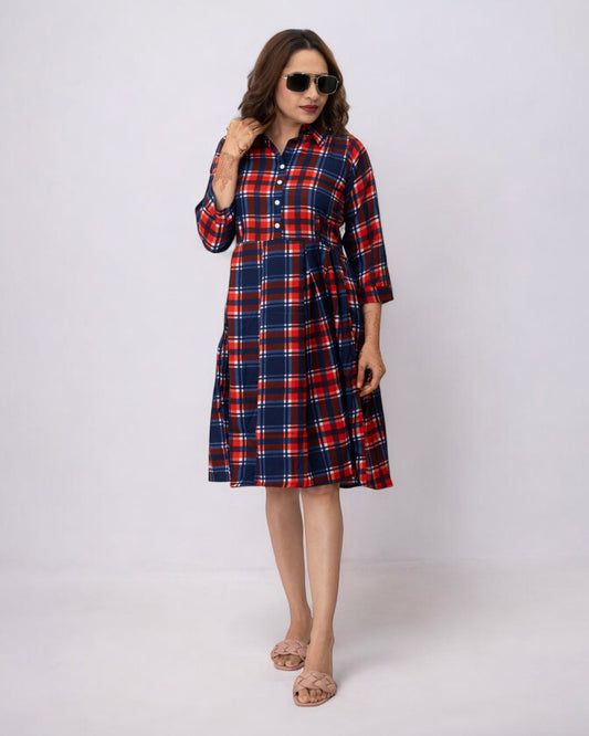 Red Checks Printed Polyester Midi Dress