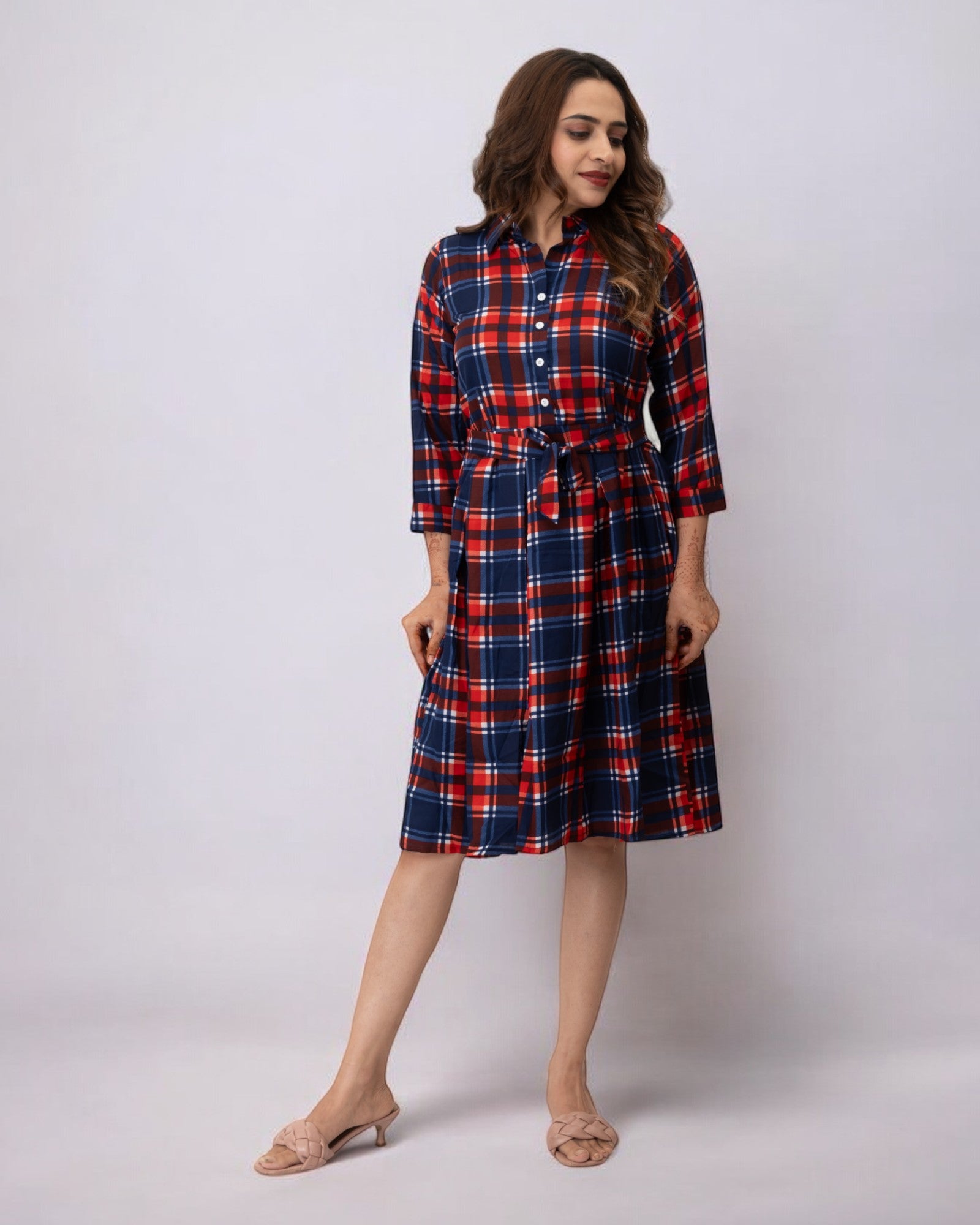 Red Checks Printed Polyester Midi Dress