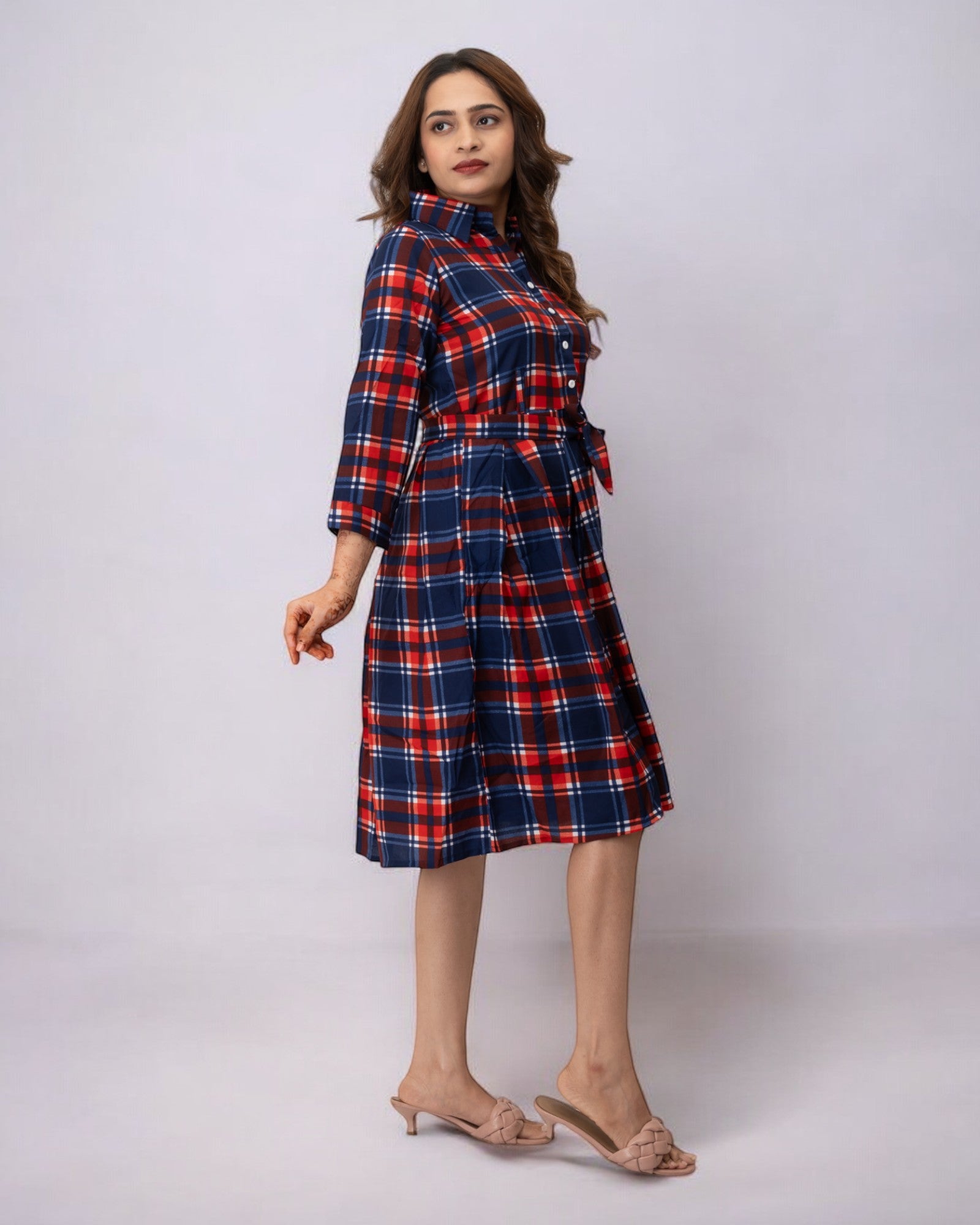 Red Checks Printed Polyester Midi Dress