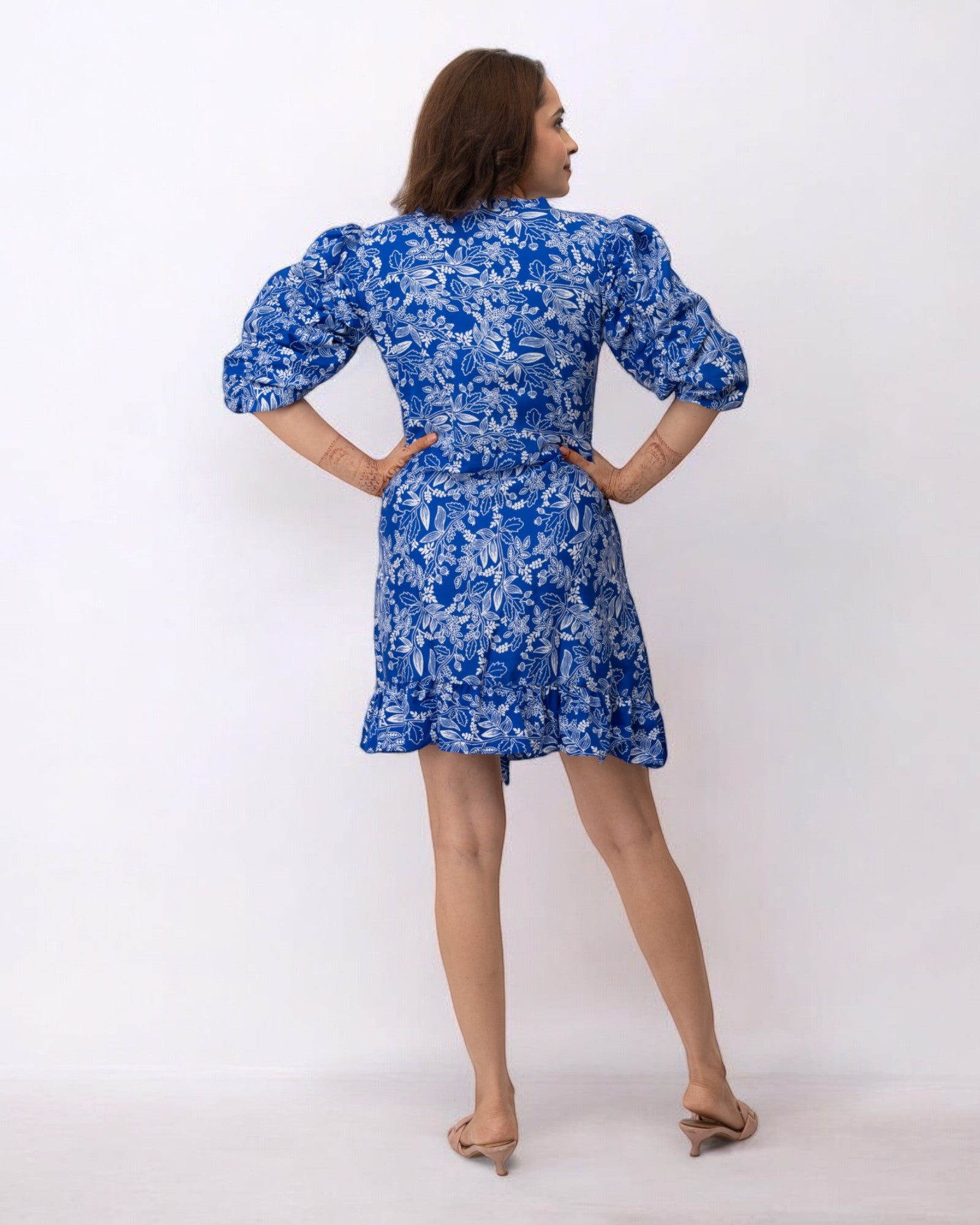 Blue Floral Printed Polyester Mini Dress