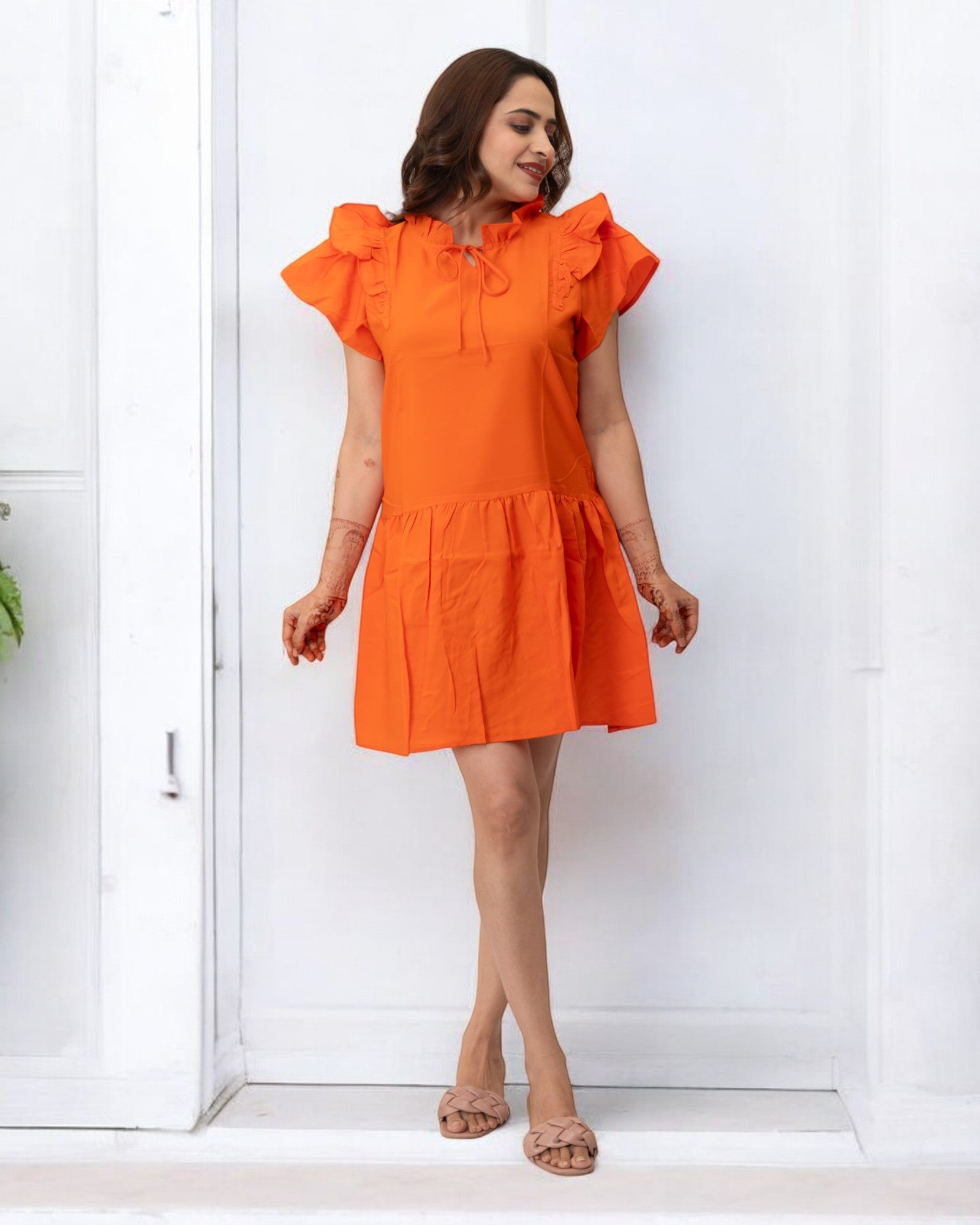 Orange Plain Solid Polyester Mini Dress