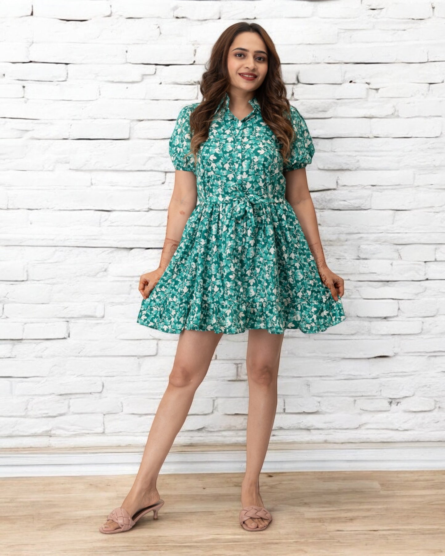 Green Floral Printed Polyester Mini Dress