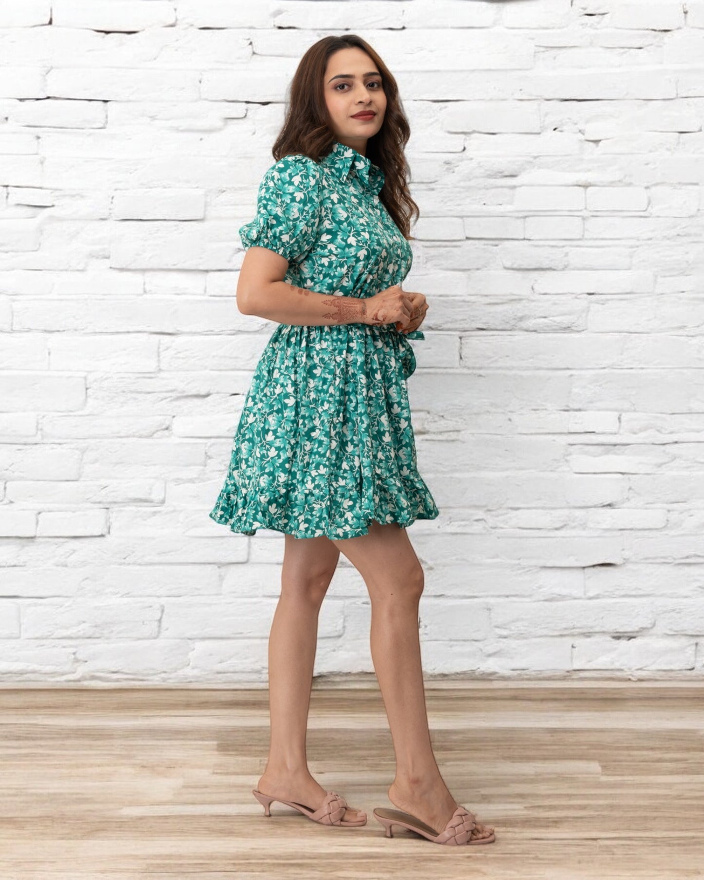 Green Floral Printed Polyester Mini Dress