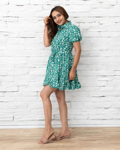 Green Floral Printed Polyester Mini Dress