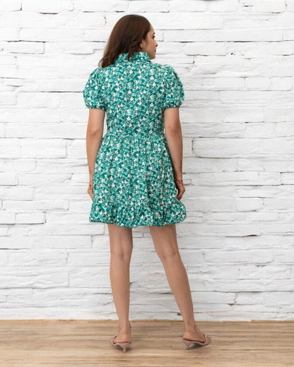 Green Floral Printed Polyester Mini Dress