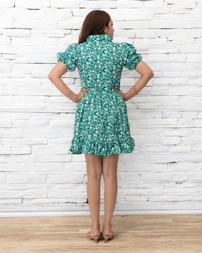 Green Floral Printed Polyester Mini Dress