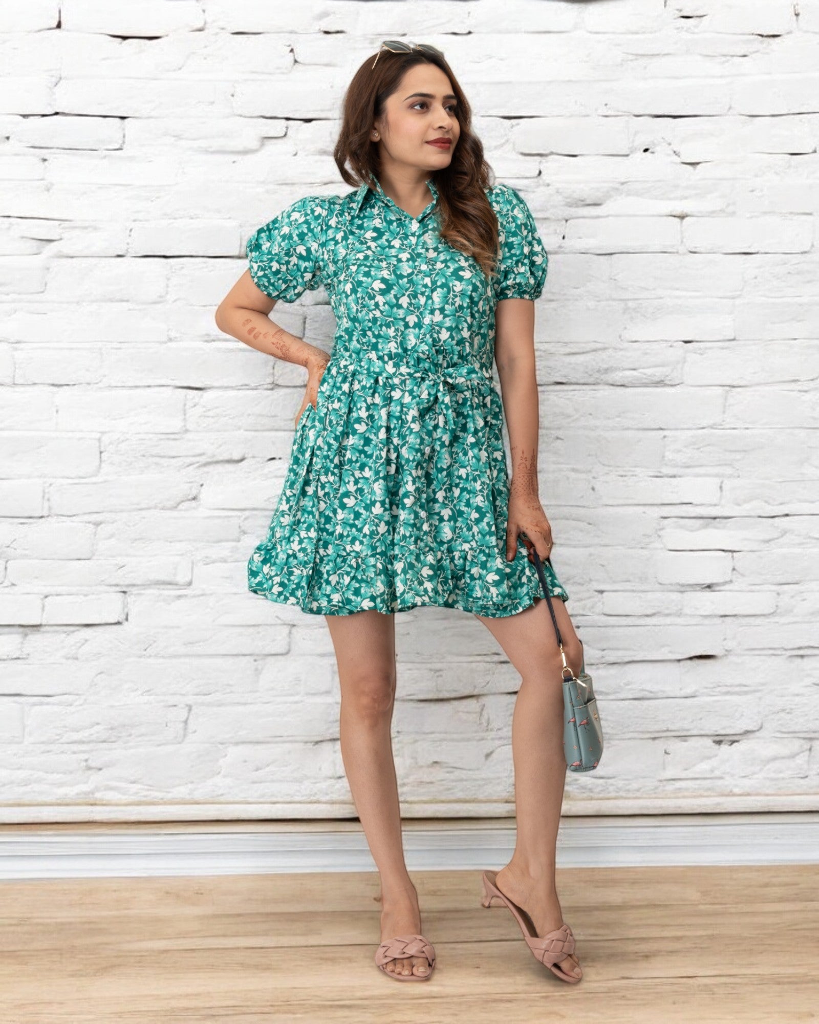 Green Floral Printed Polyester Mini Dress