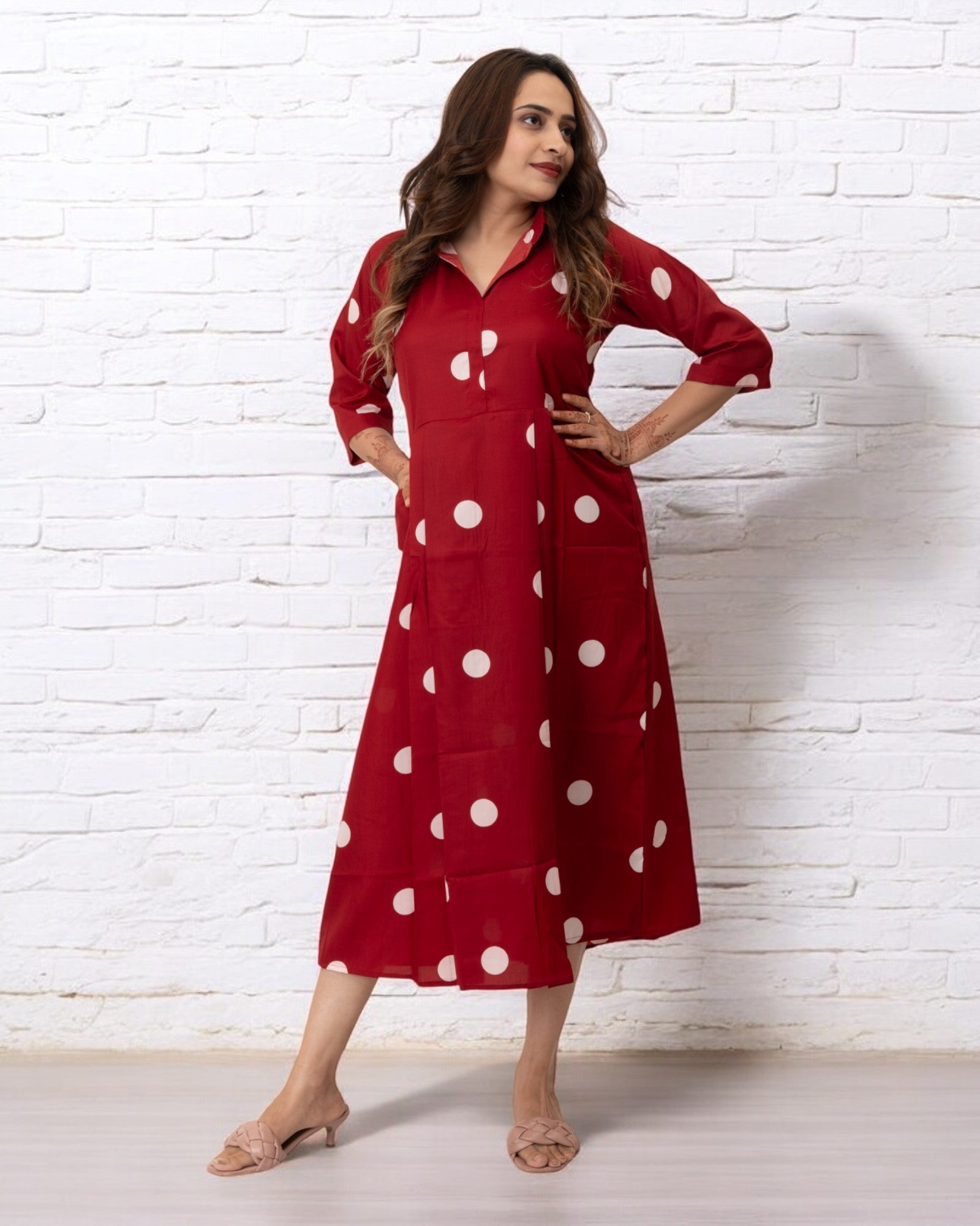 Red Polka Dots Printed Polyester Midi Dress