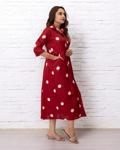 Red Polka Dots Printed Polyester Midi Dress