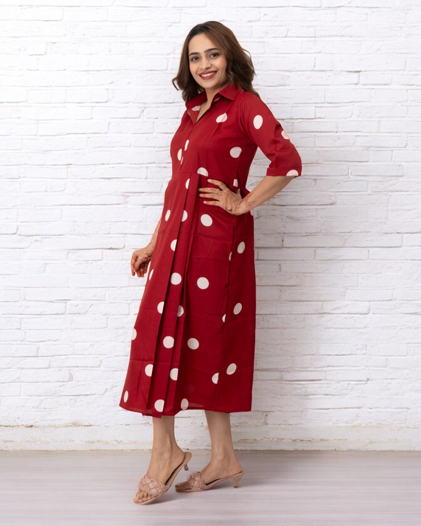 Red Polka Dots Printed Polyester Midi Dress