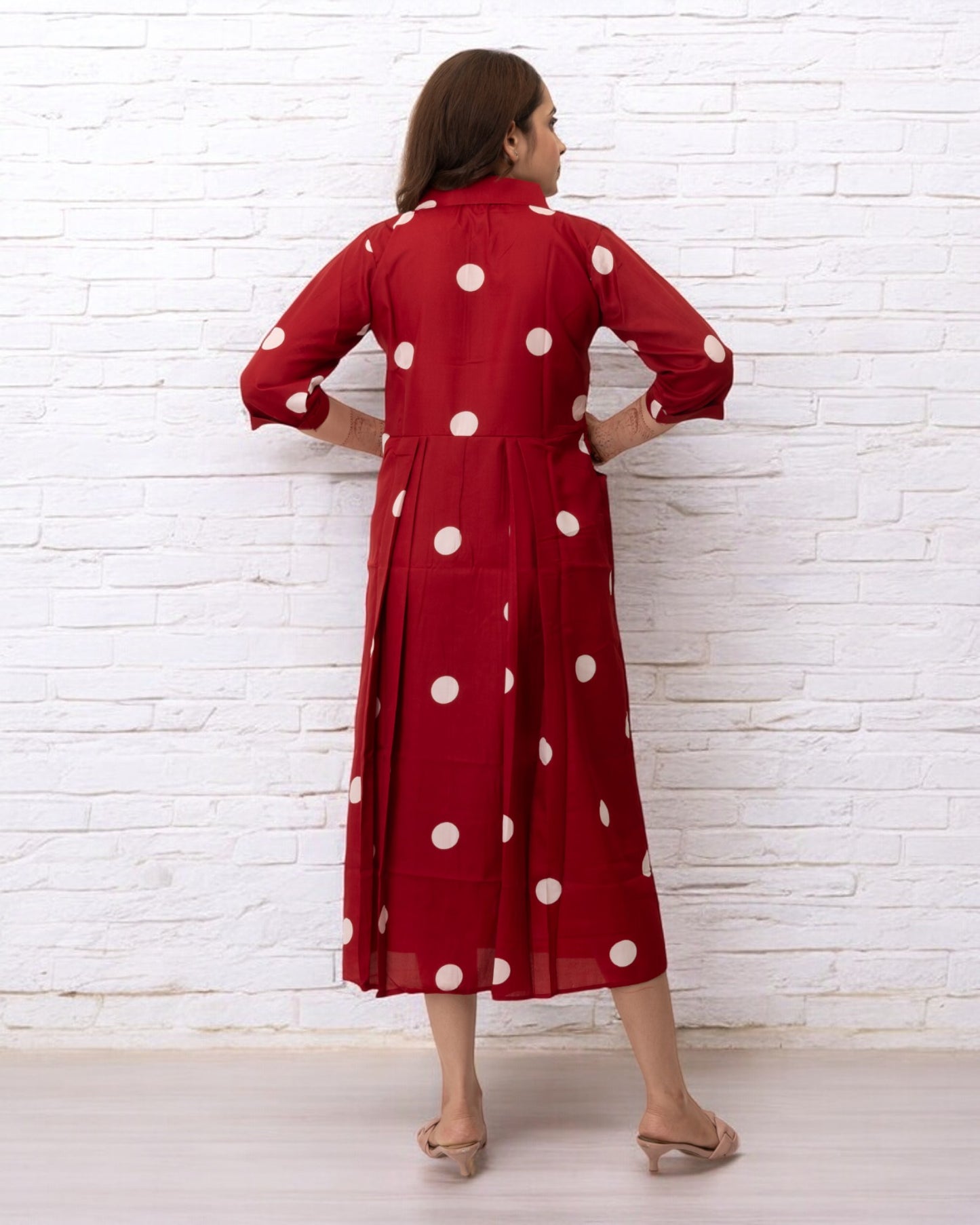 Red Polka Dots Printed Polyester Midi Dress