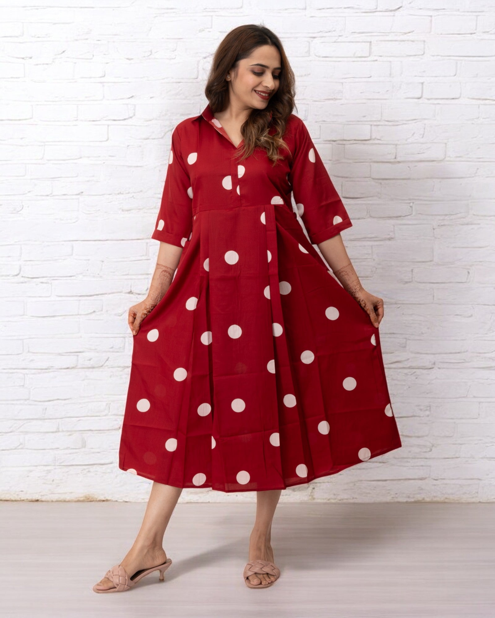 Red Polka Dots Printed Polyester Midi Dress