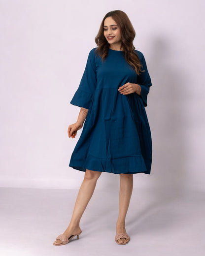 Blue Plain Solid Delta Midi Dress