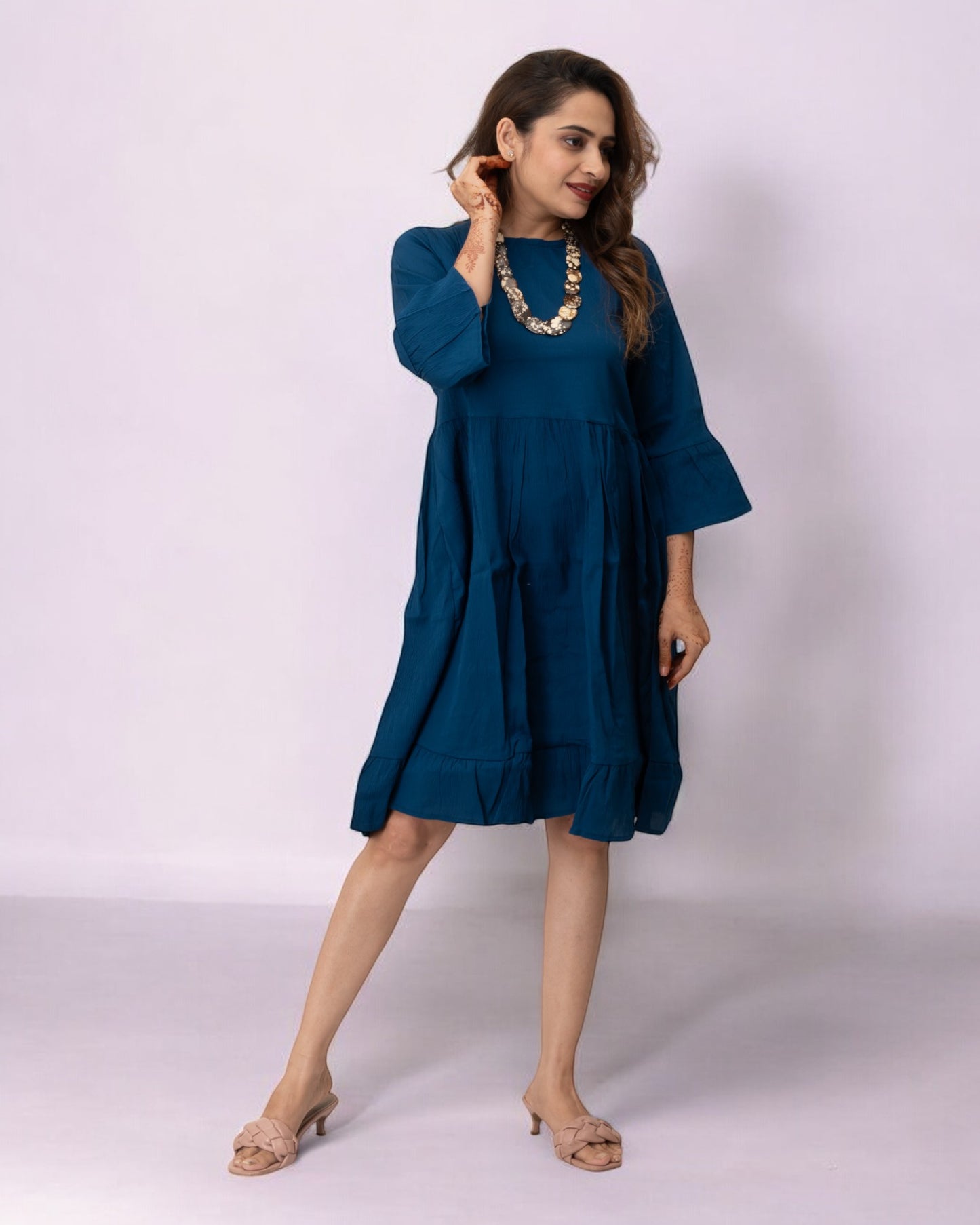 Blue Plain Solid Delta Midi Dress