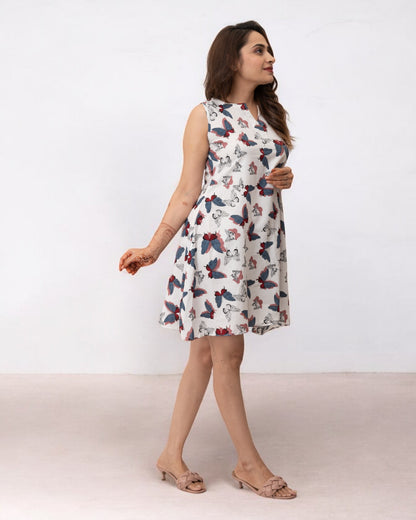 Multicolor Butterfly Printed Polyester Midi Dress