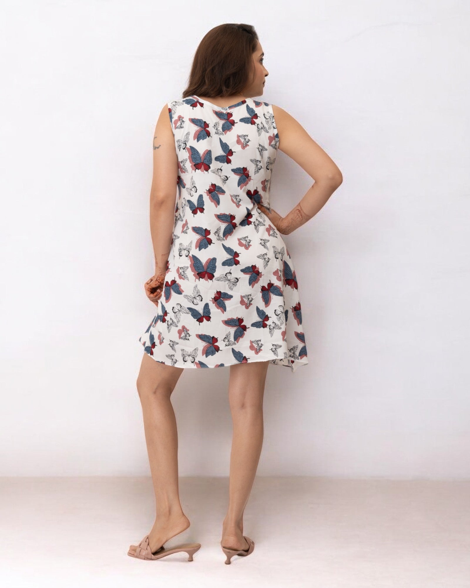 Multicolor Butterfly Printed Polyester Midi Dress