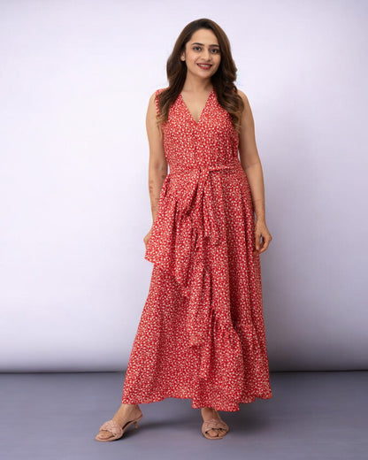 Red Dots Printed Polyester Maxi Dress