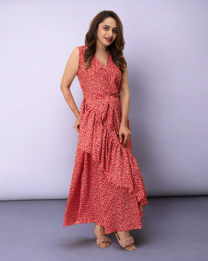 Red Dots Printed Polyester Maxi Dress