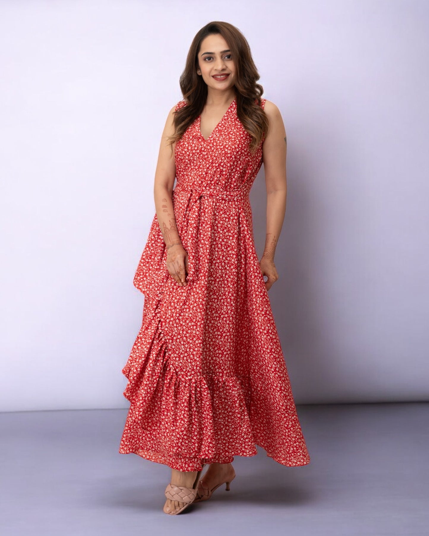 Red Dots Printed Polyester Maxi Dress