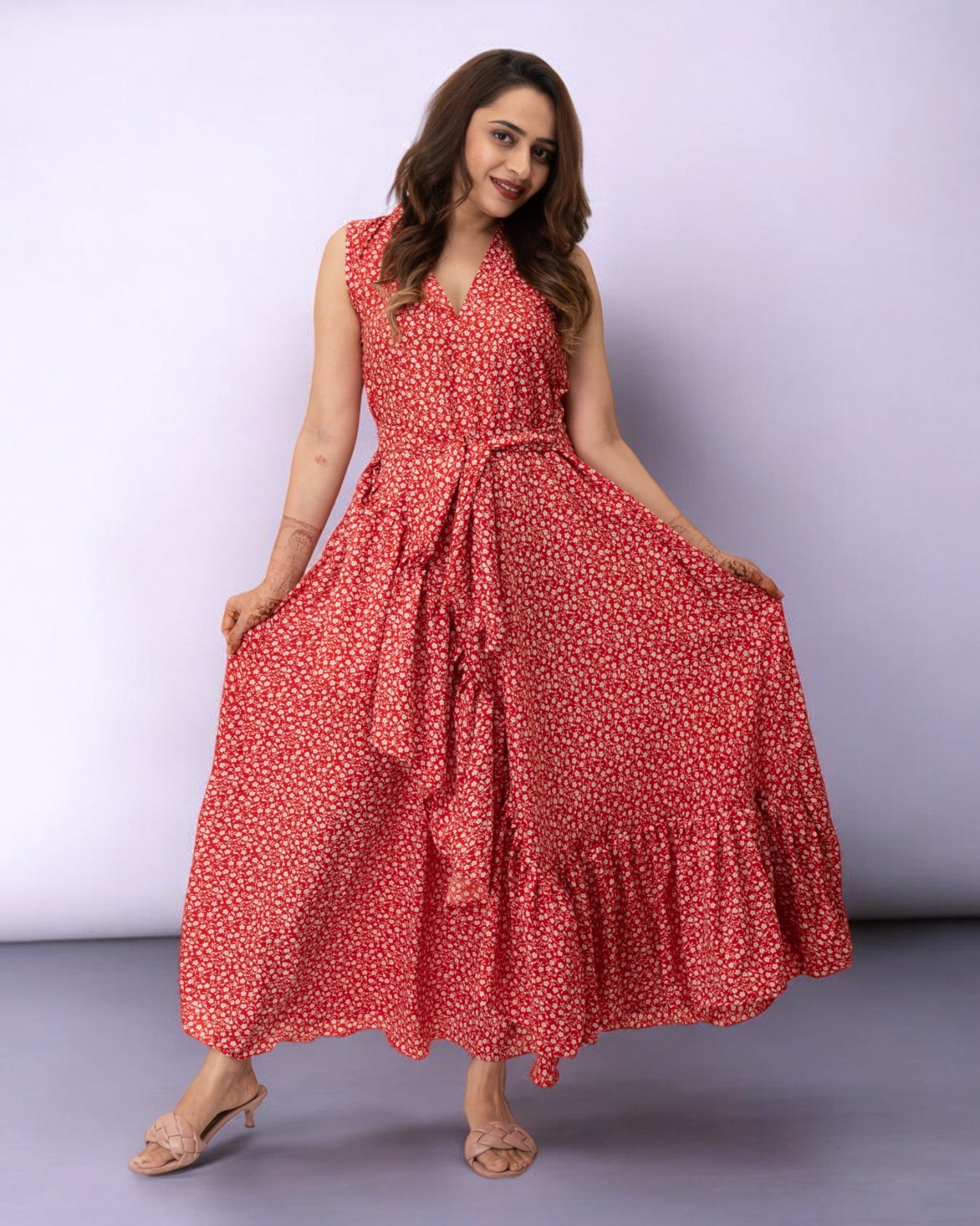 Red Dots Printed Polyester Maxi Dress