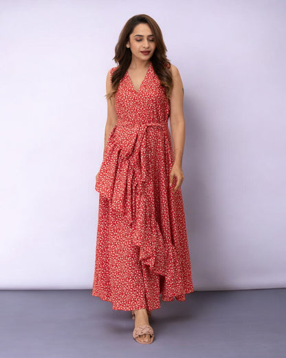 Red Dots Printed Polyester Maxi Dress