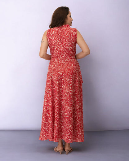 Red Dots Printed Polyester Maxi Dress