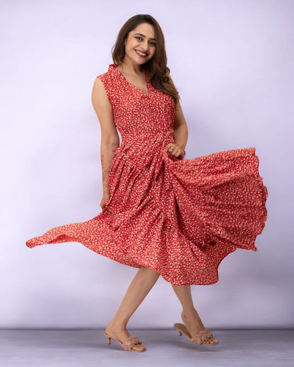 Red Dots Printed Polyester Maxi Dress