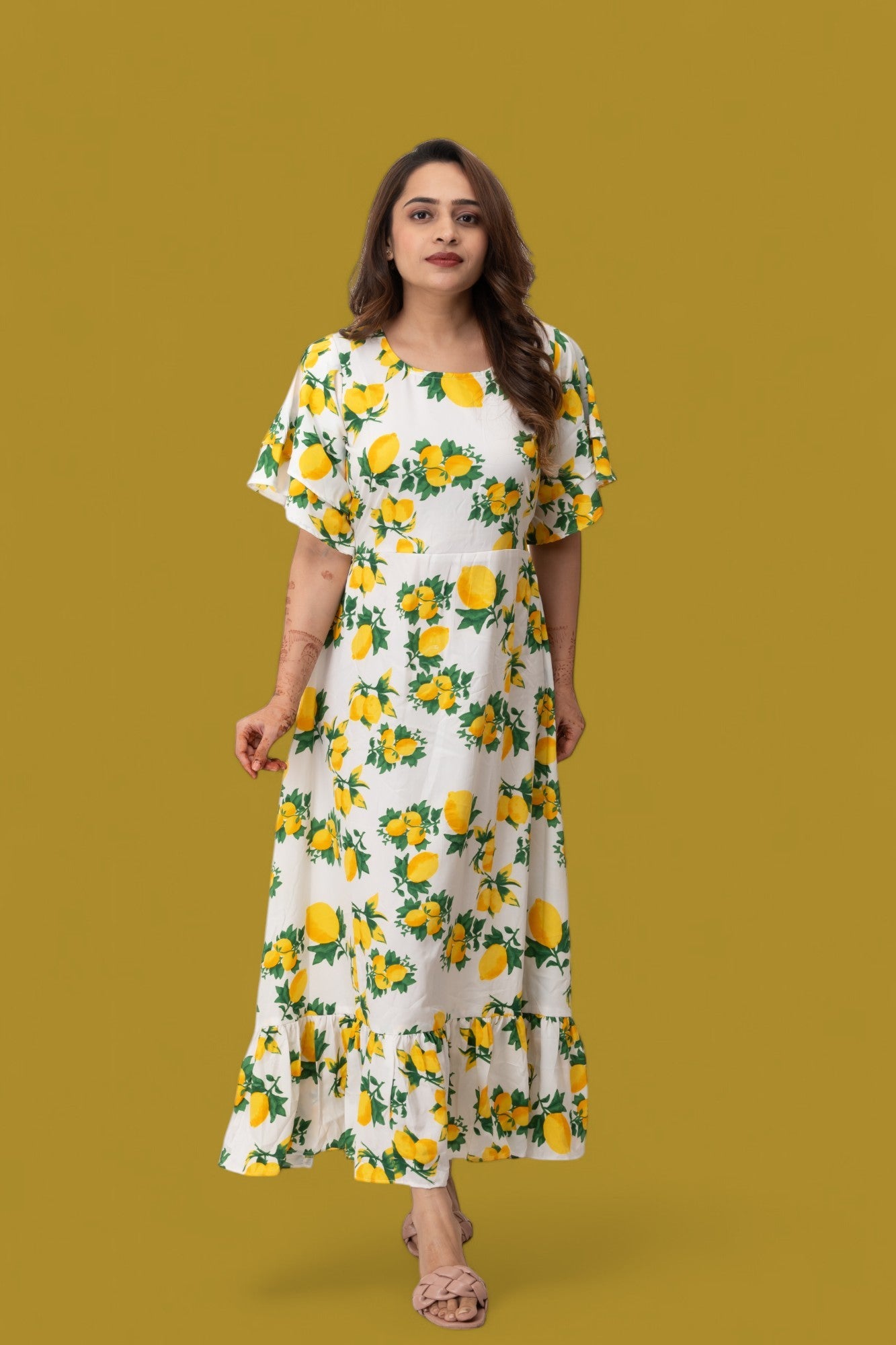 Yellow Floral Printed Polyster Maxi Dress