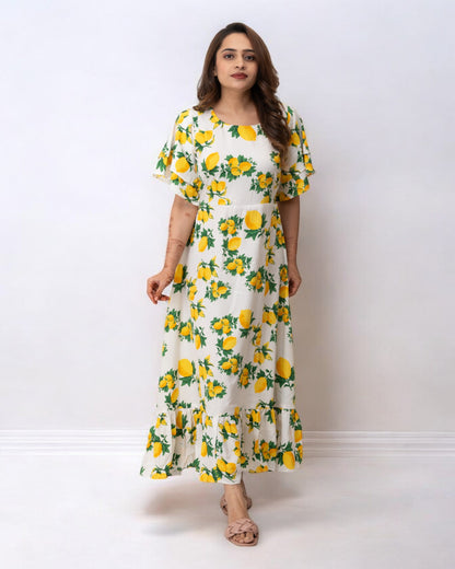 Yellow Floral Printed Polyster Maxi Dress