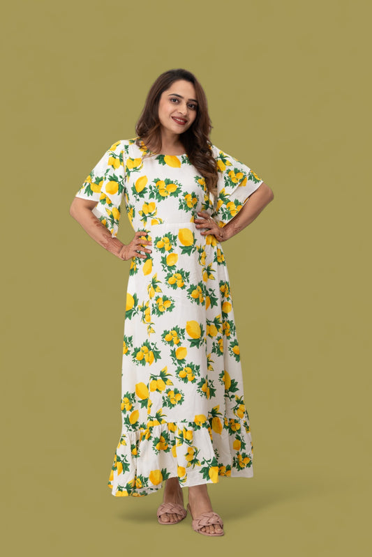 Yellow Floral Printed Polyster Maxi Dress