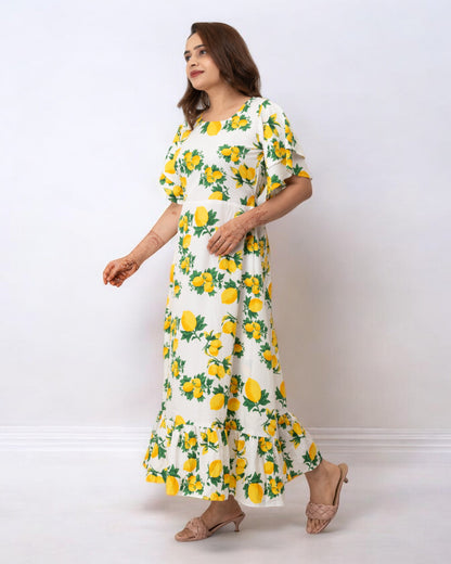 Yellow Floral Printed Polyster Maxi Dress