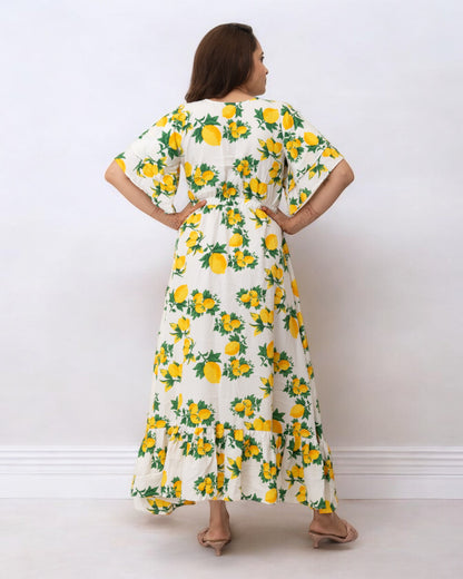 Yellow Floral Printed Polyster Maxi Dress