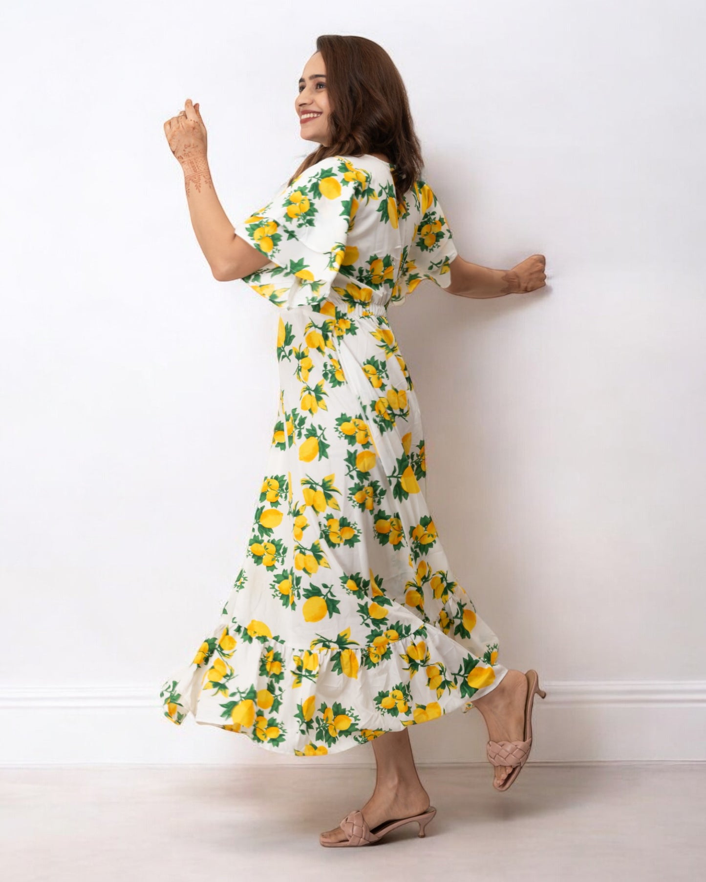 Yellow Floral Printed Polyster Maxi Dress