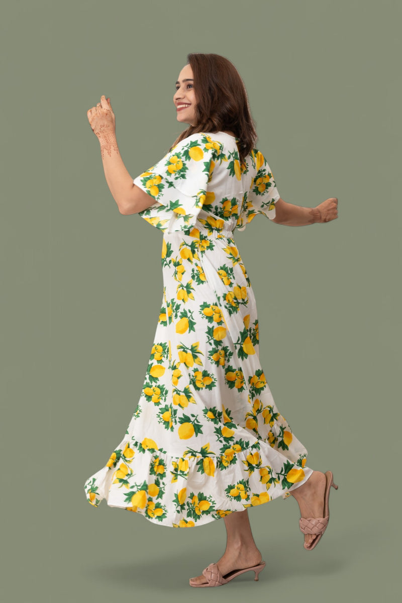 Yellow Floral Printed Polyster Maxi Dress
