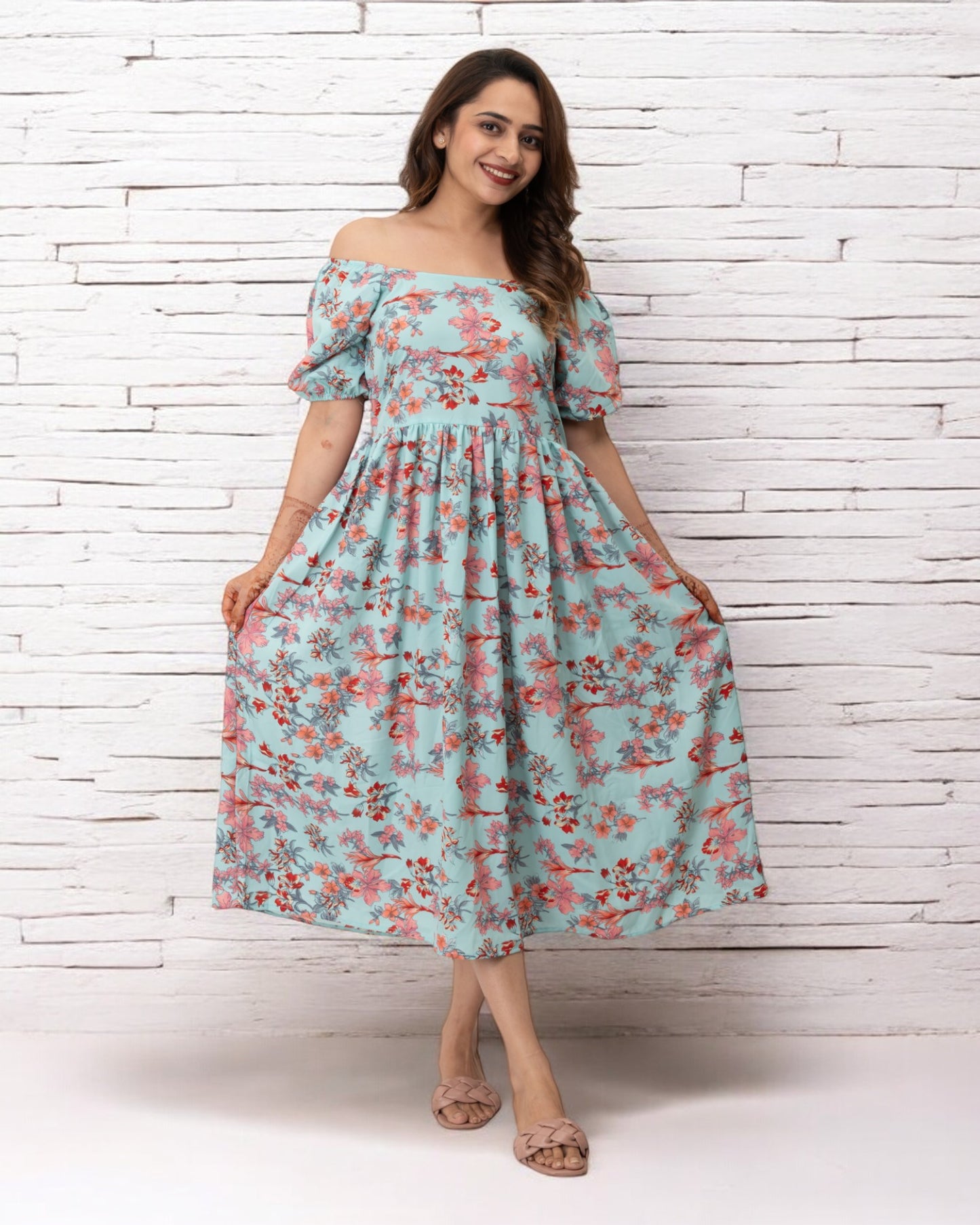 Sky Blue Floral Printed Polyster Maxi Dress