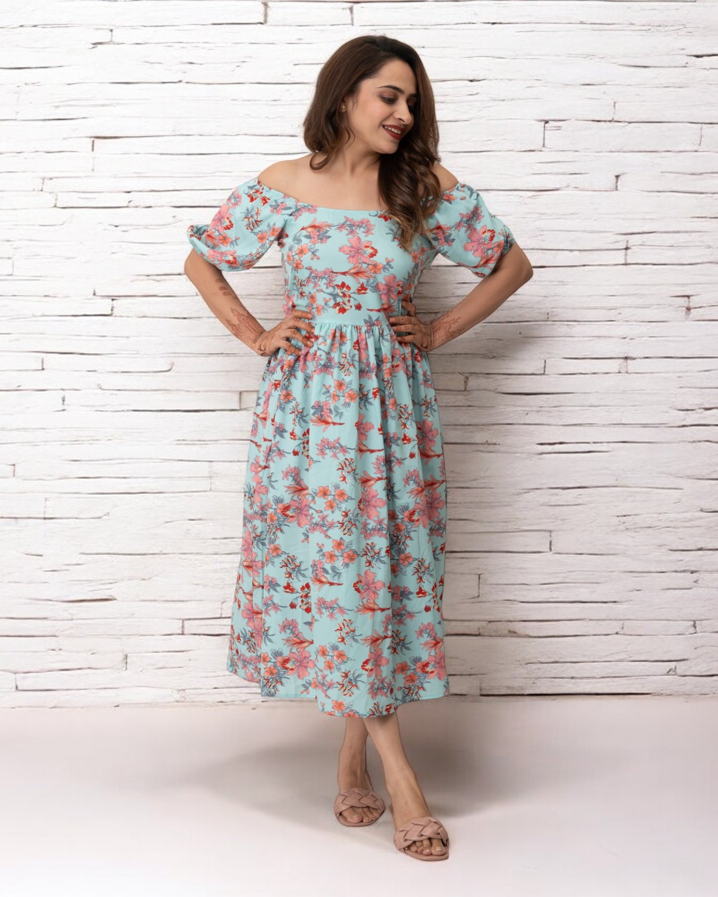 Sky Blue Floral Printed Polyster Maxi Dress