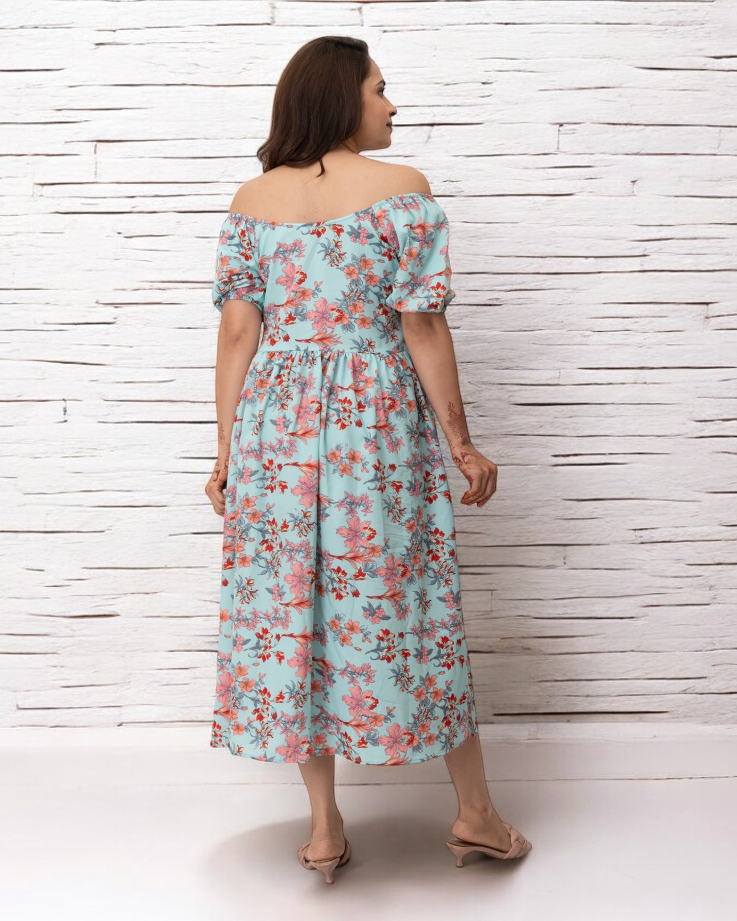 Sky Blue Floral Printed Polyster Maxi Dress