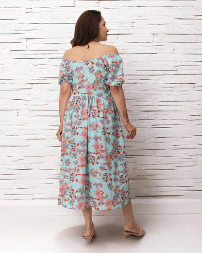 Sky Blue Floral Printed Polyster Maxi Dress