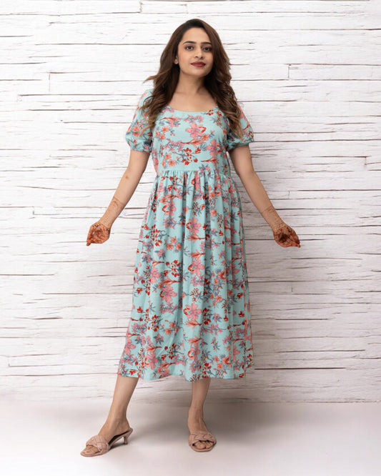 Sky Blue Floral Printed Polyster Maxi Dress